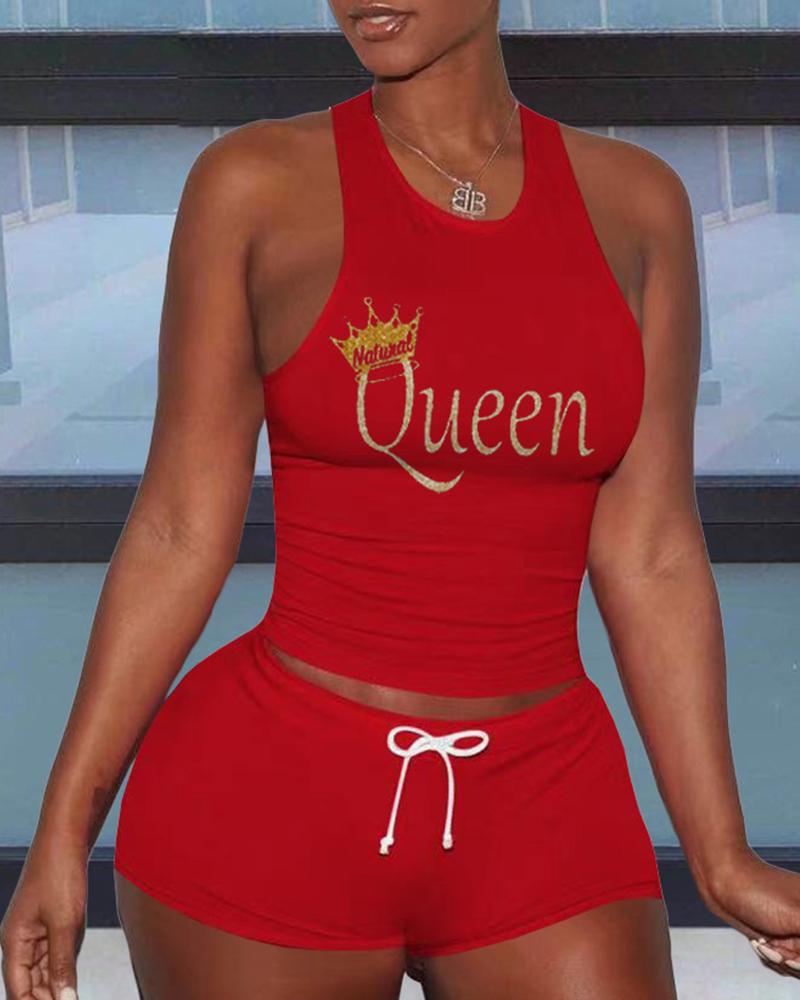 

Letter Print Sleeveless Cropped Top With Short Pants Active Sets, Red