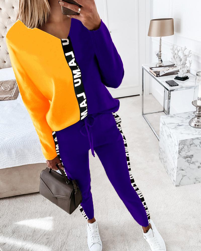 

Letter Print Colorblock Long Sleeve Top & Drawstring Pants Set, Purple