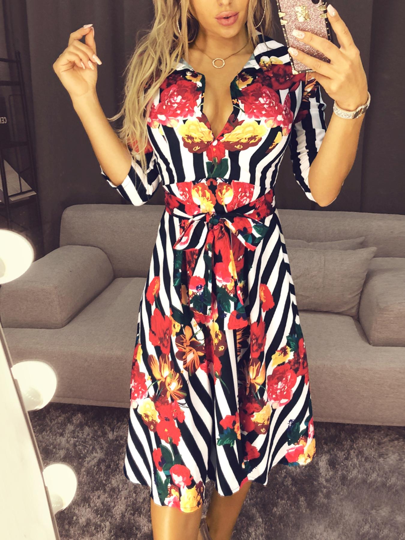 

Floral & Striped Print Half Sleeve Shirt Dress, Multicolor