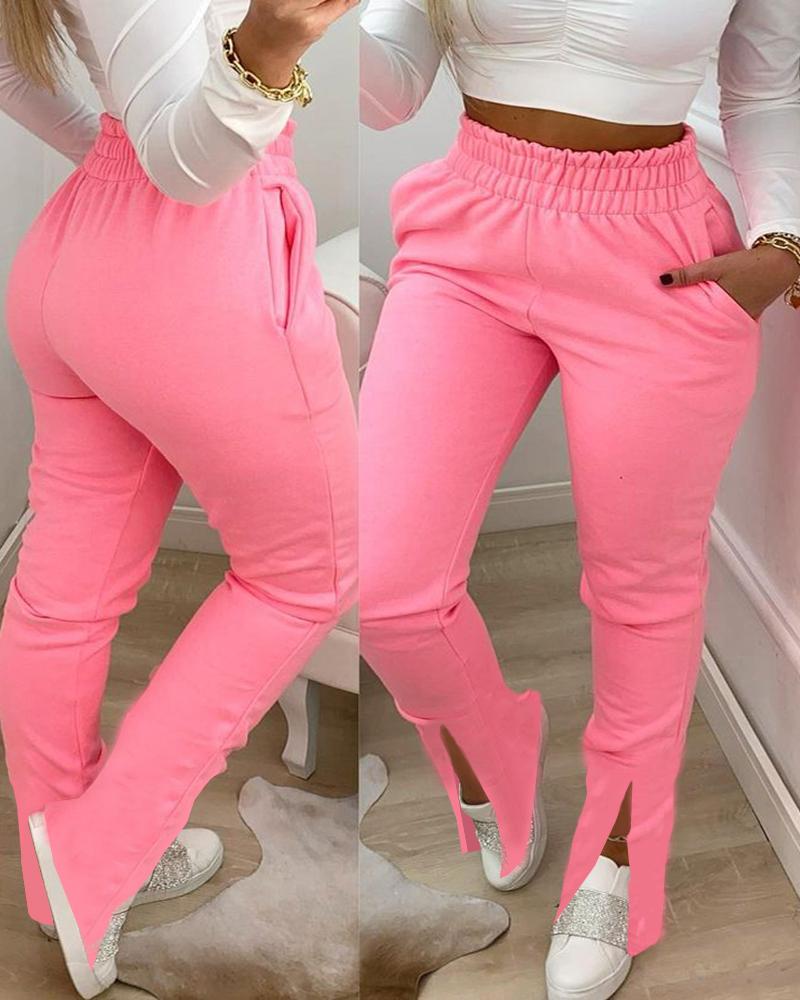 

Shirring Waist Pocket Design Slit Pants, Pink