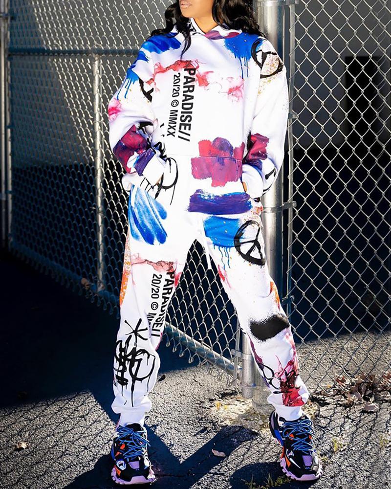 

Letter Print Colorblock Hooded Top & Pants Set, White