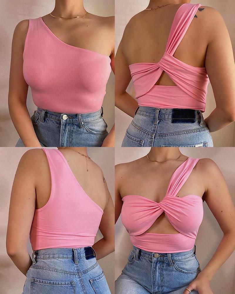 

One Shoulder Twisted Back Plain Skinny Top, Pink