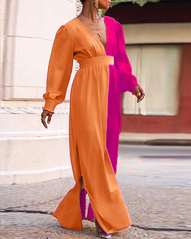 

Colorblock Lantern Sleeve Maxi Dress, Orange