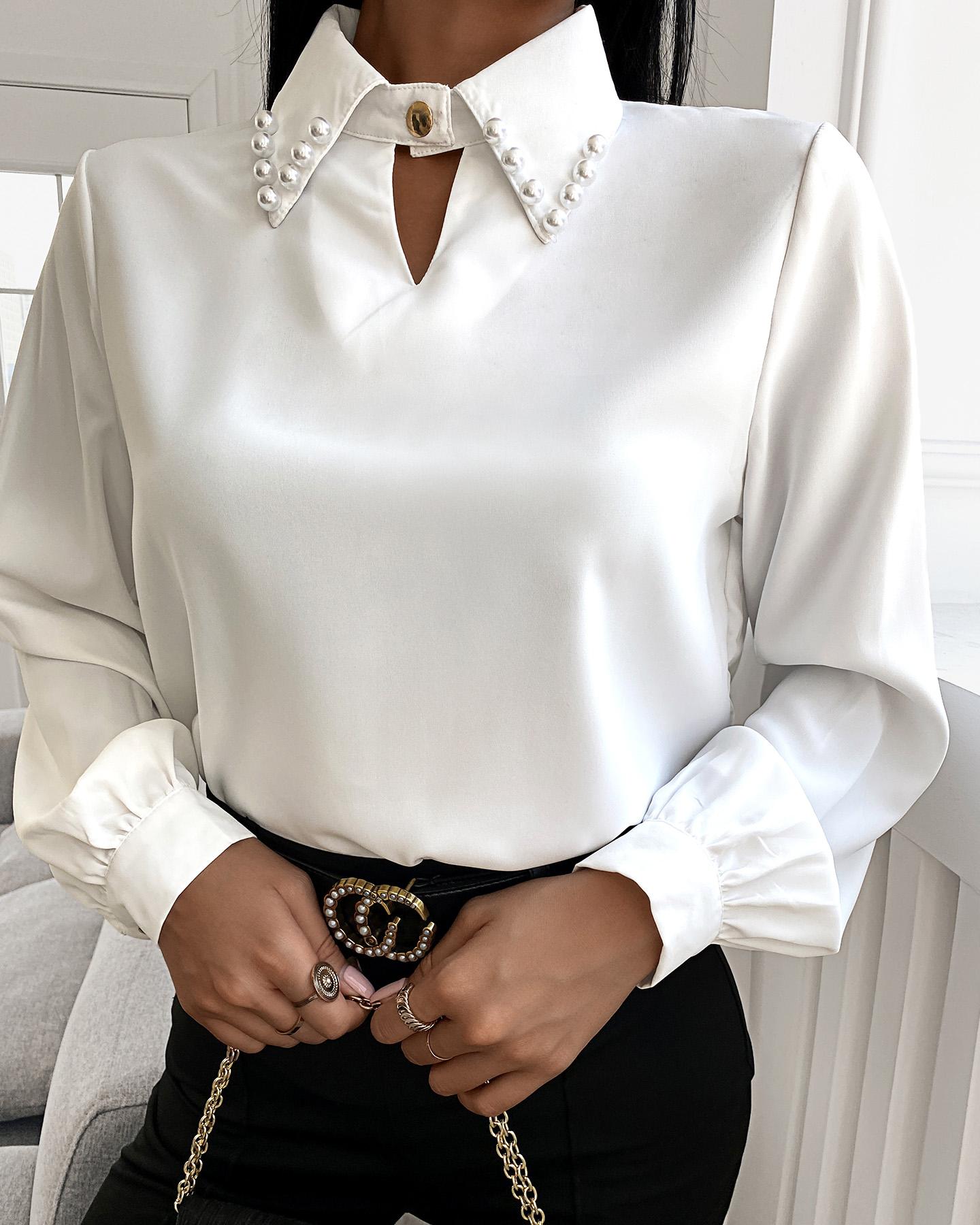 

Puff Sleeve Button Plain Shirt, White