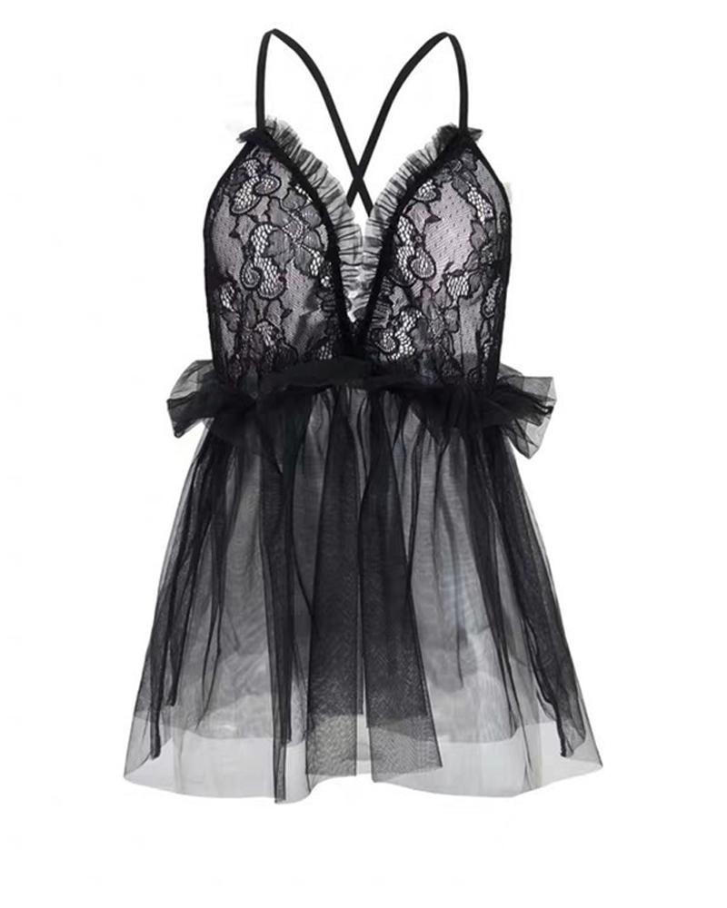 

Ruffle Hem Sheer Mesh Floral Lace Babydoll With Panty, Black