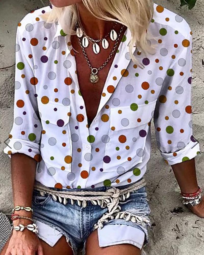 

Double Pockets Dot Print Shirt, White