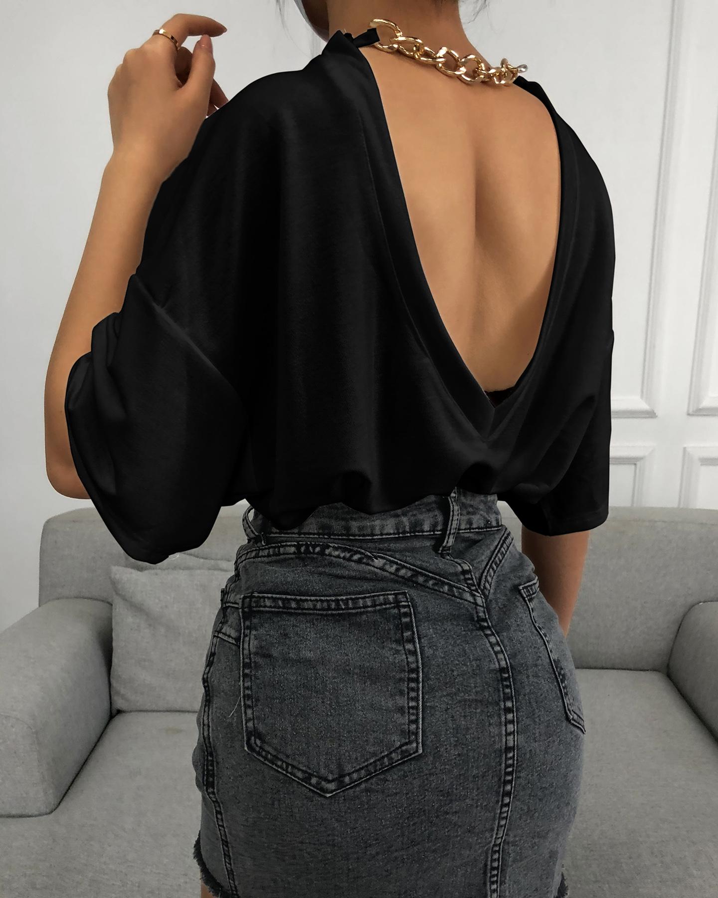 

Plain Short Sleeve Casual Backless T-shirt, Black