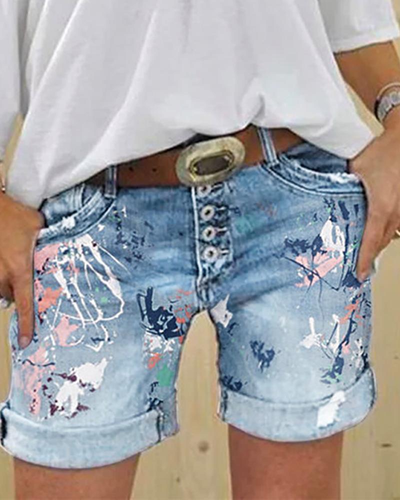 

Print Buttoned Pockets Denim Shorts, Light blue