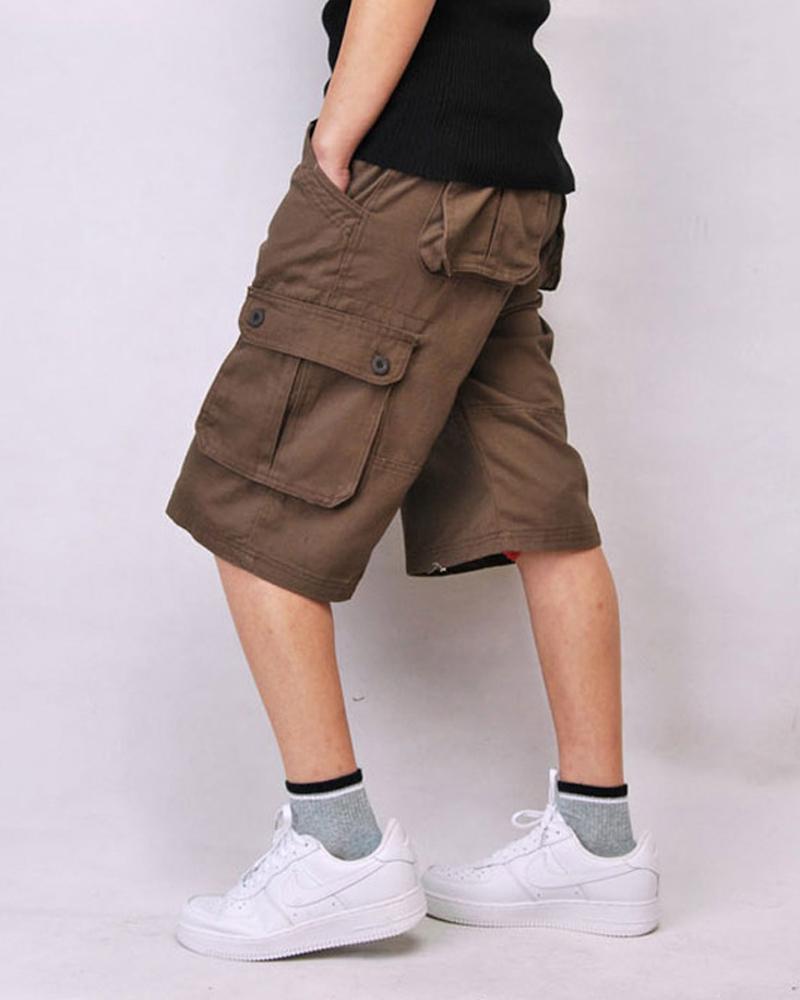 

Solid Color Loose Short Cargo Pants With Pockets, Coffee