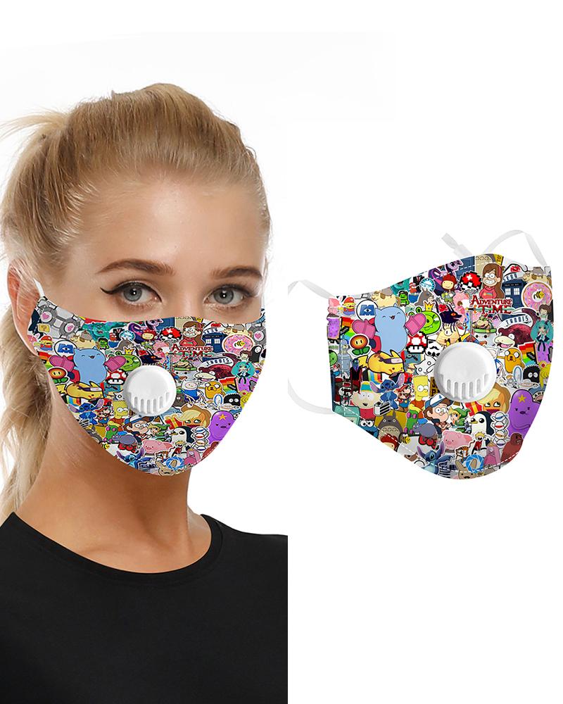 

Cartoon Print Breathing Washable Valve Face Mask (2 filters as gift) Without Cord Lock Toggles, Multicolor