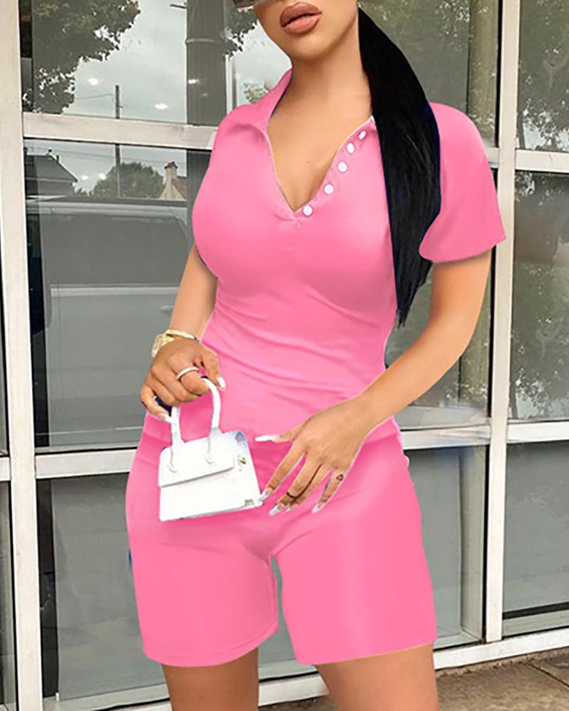 

Button Design Top & High Waist Shorts Set, Pink
