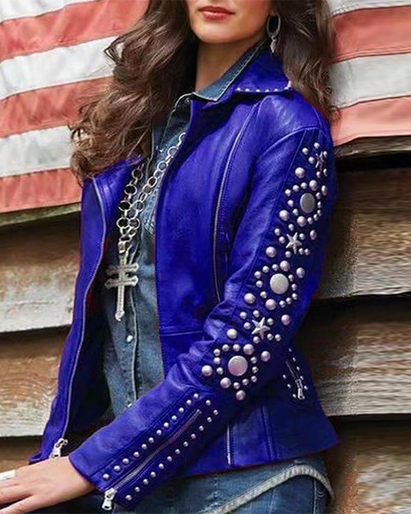 

Star Ring Pattern Beaded PU Jacket, Dark blue