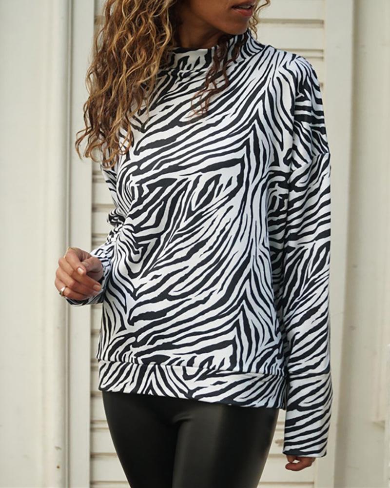 

Mock Neck Zebra Print Long Sleeve Blouse, White