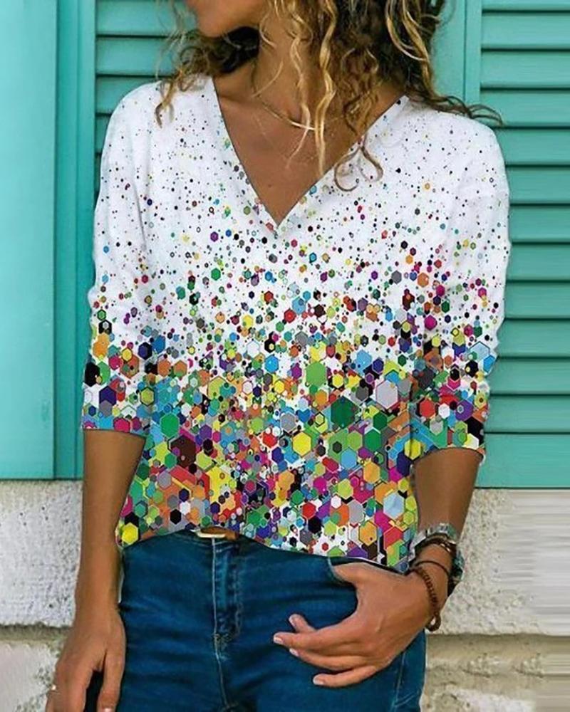 

All Over Print Long Sleeve V Neck Top, Style1