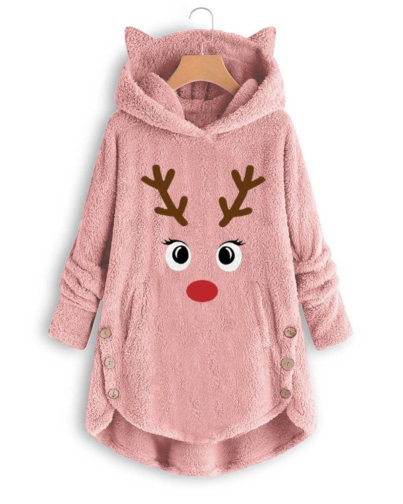 

Cartoon Print Teddy Hooded Coat, Pink