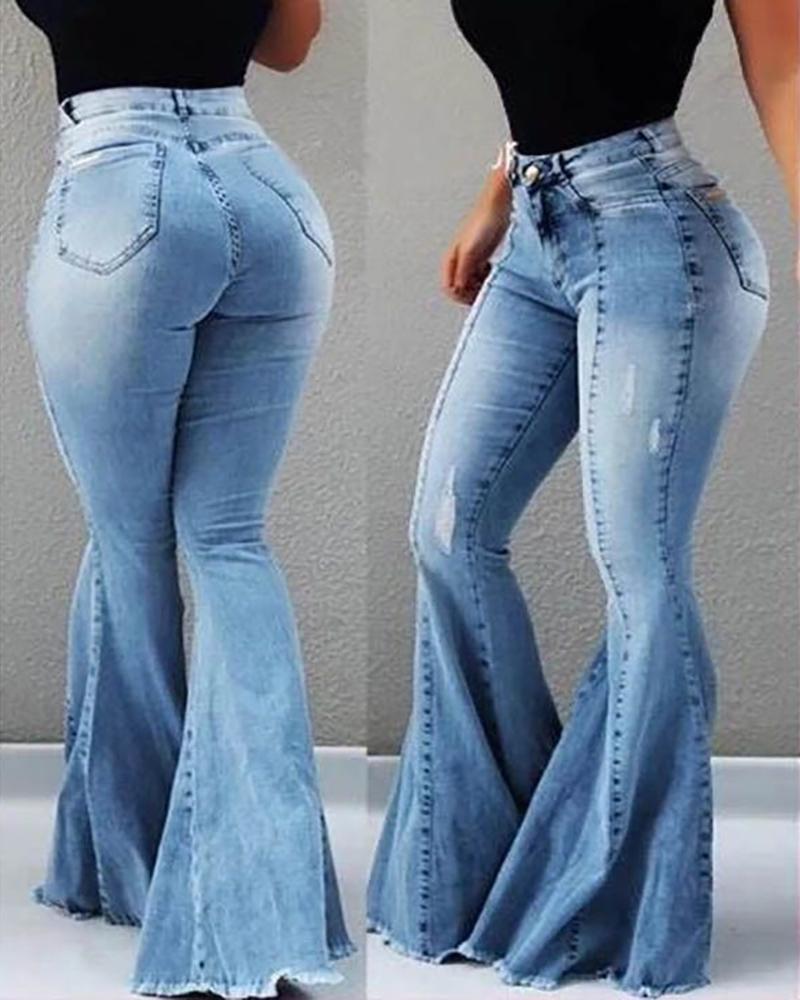 

Pockets Bell-bottomed Denim Pants, Blue