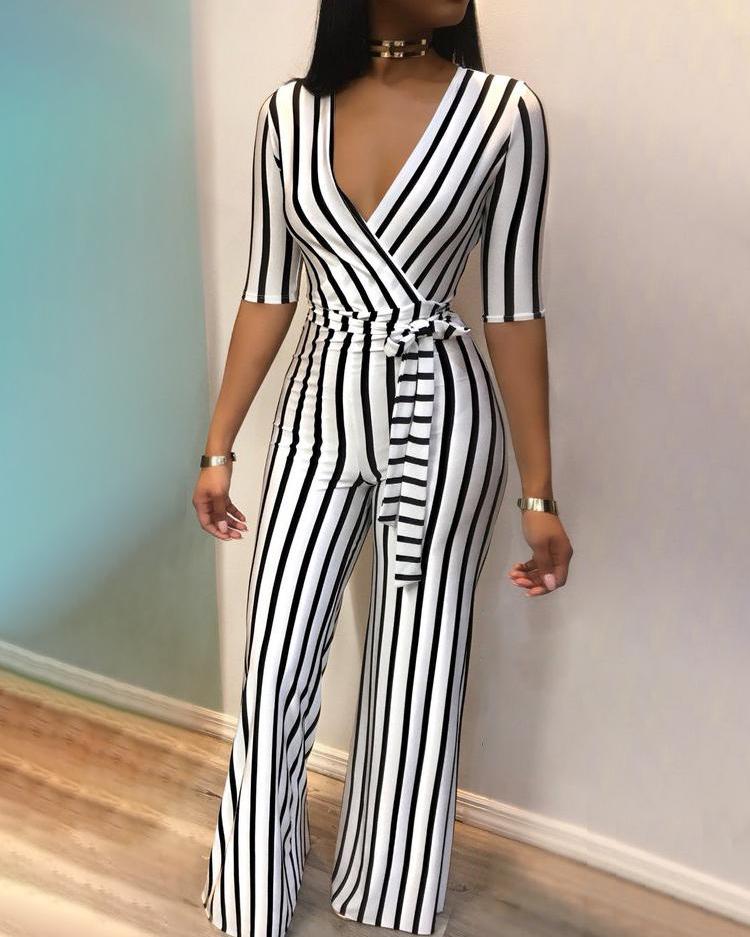 

Deep V Striped Waist Belted Wide Leg Jumpsuit, Black&white