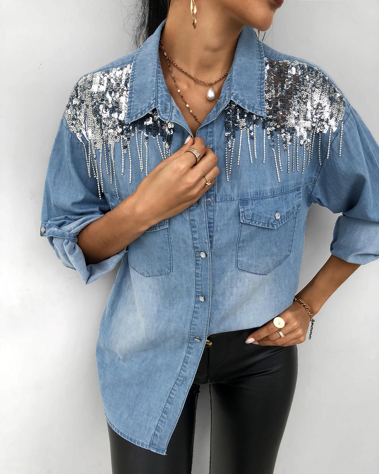 

Sequins Tassel Design Long Sleeve Shirt, Blue