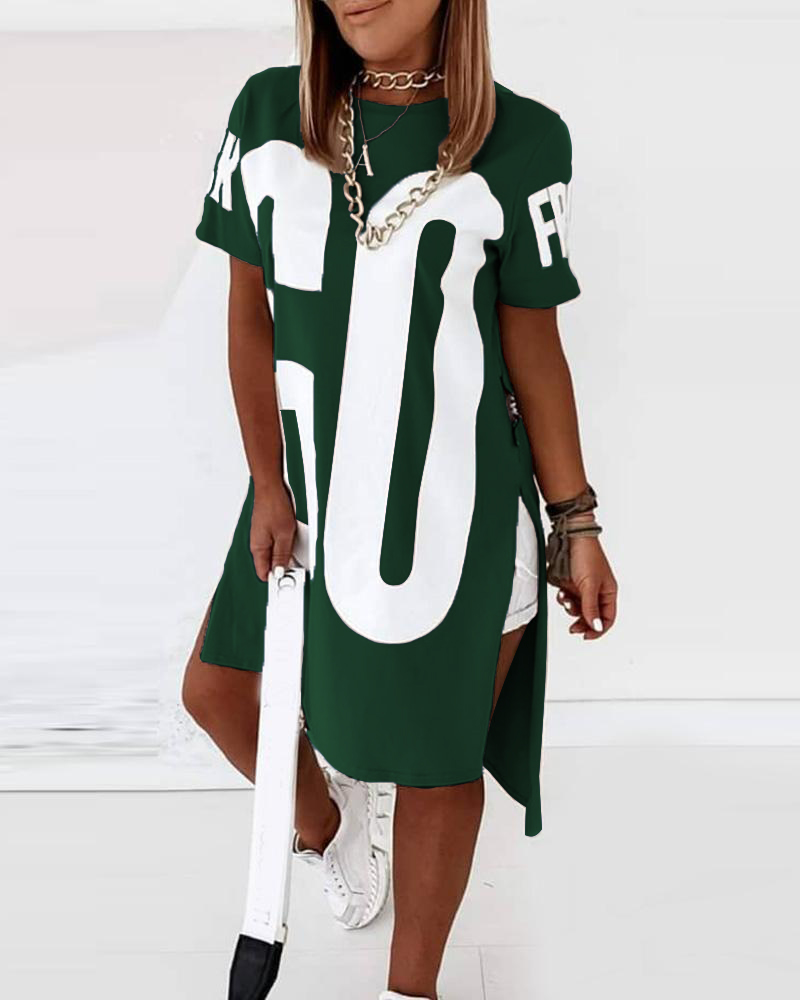 

Letter Print High Slit T-Shirt Dress, Green