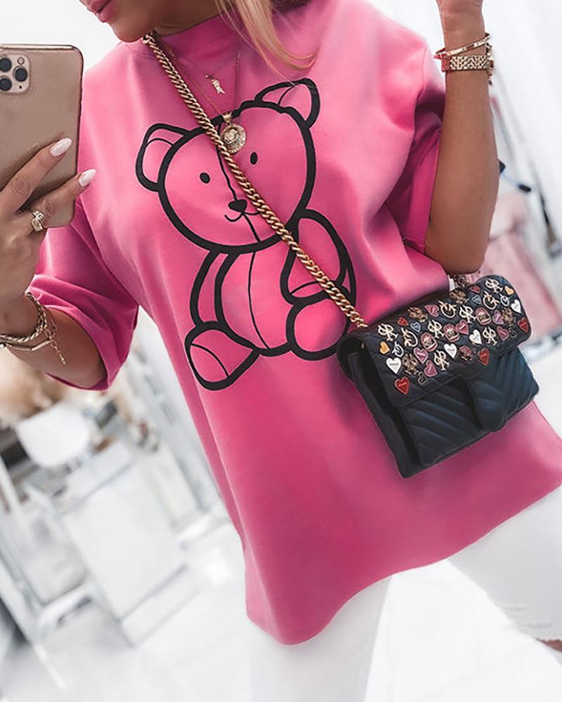 

Bear Print Half Sleeve Casual T-shirt, Pink