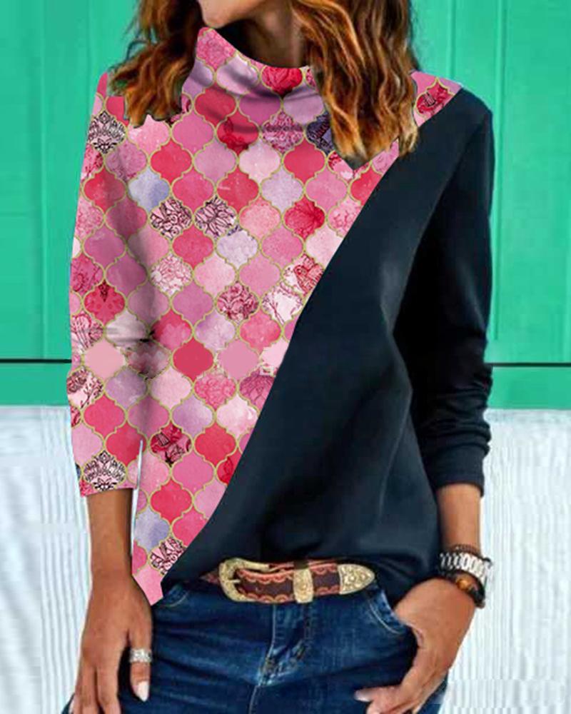 

High Neck Geo Print Colorblock Sweatshirt, Pink
