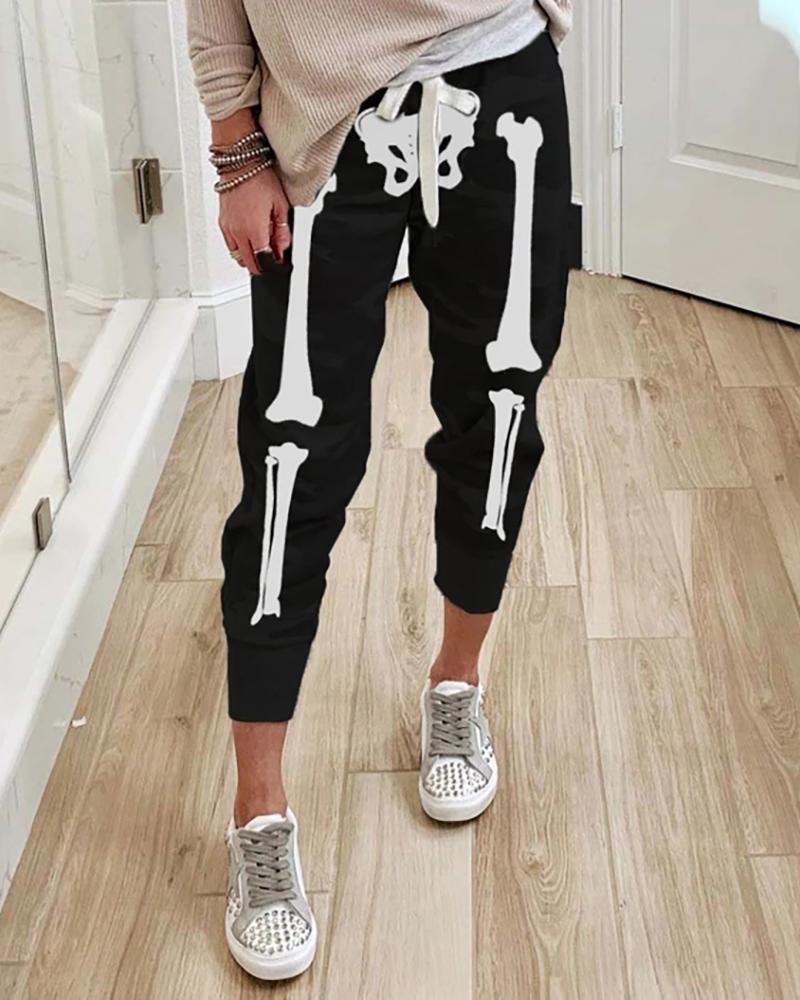

Halloween Skull Print Drawstring Sweatpants, Black