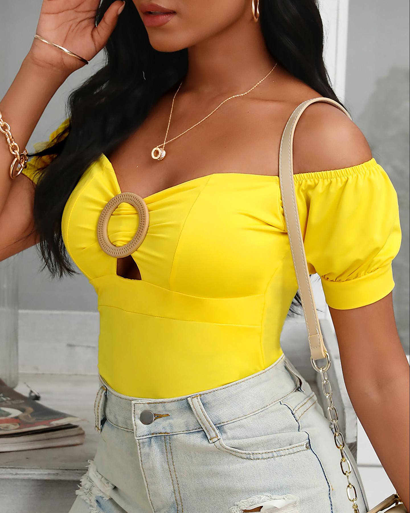 

Off Shoulder O Ring Cutout Front Casual Blouse, Yellow