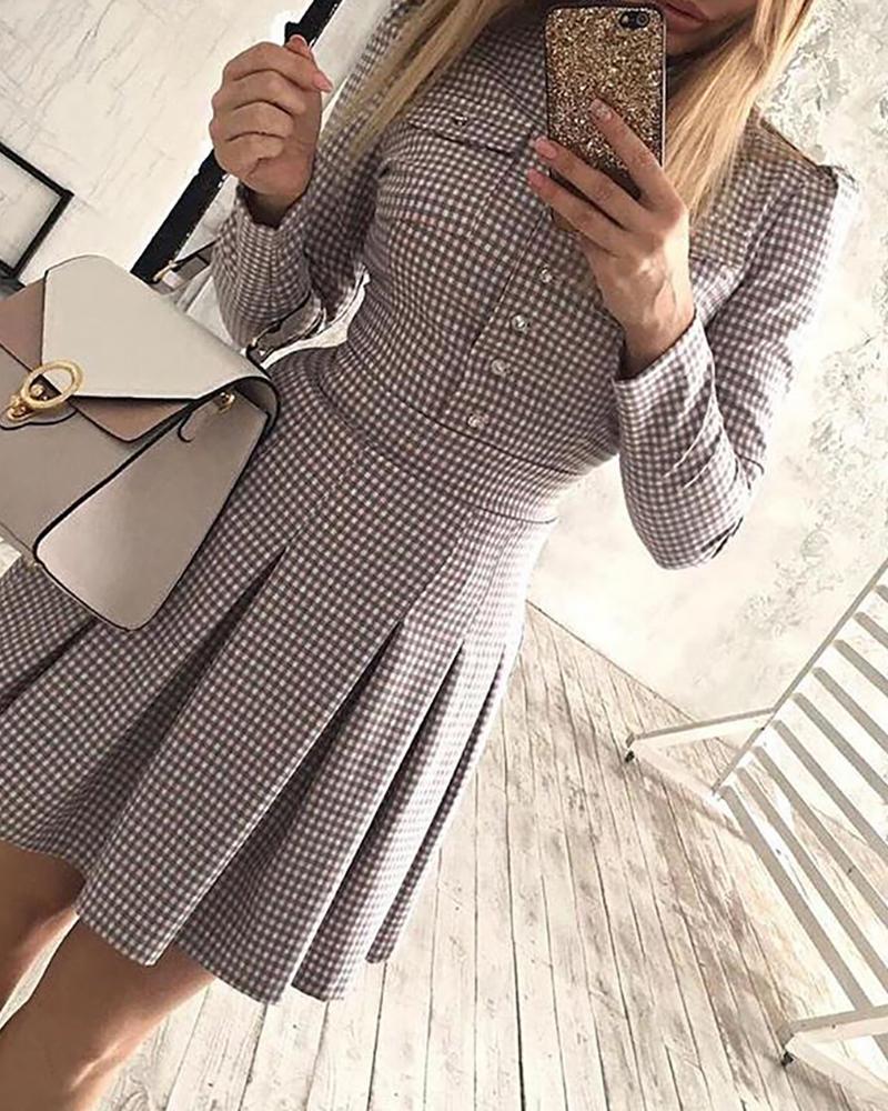 

Button Design Long Sleeve Plaid Pleated Dress, Multicolor