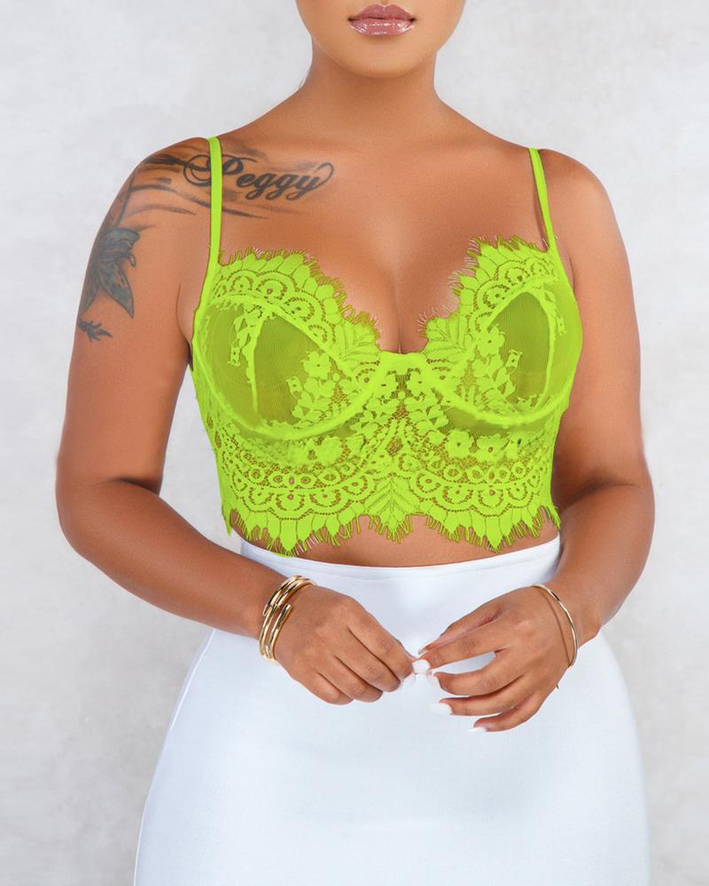 

Spaghetti Strap Semi Sheer Eyelash Lace Tank, Green