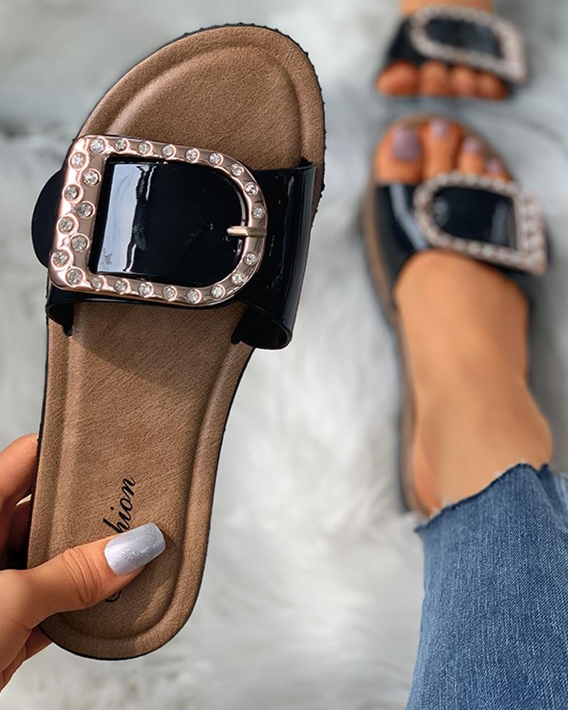 

Studded D-Buckle Design Flat Sandals, Black