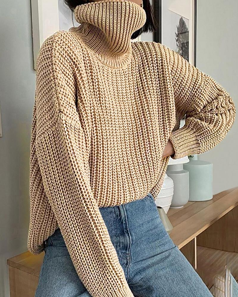 

High Neck Long Sleeve Casual Knit Sweater, Coffee