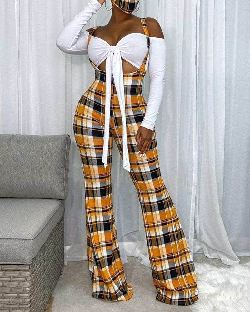

Off Shoulder Knotted Front Top & Plaid Print Jumpsuit Set, Yellow
