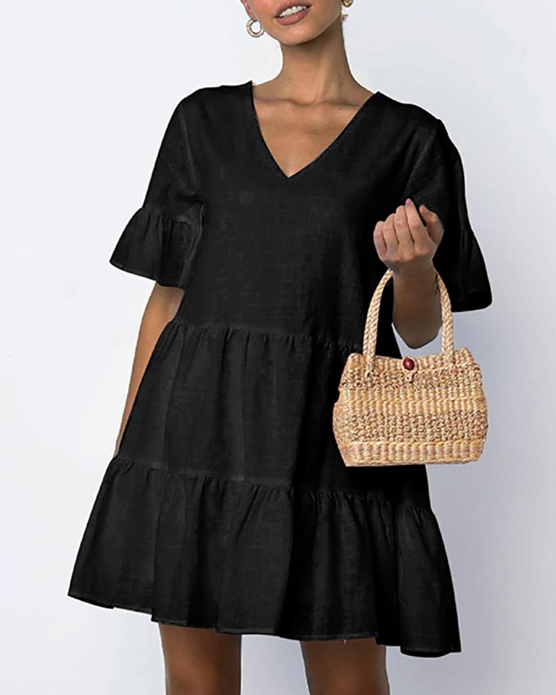 

Short Sleeve Ruffle Trim Skater Women Dress, Black
