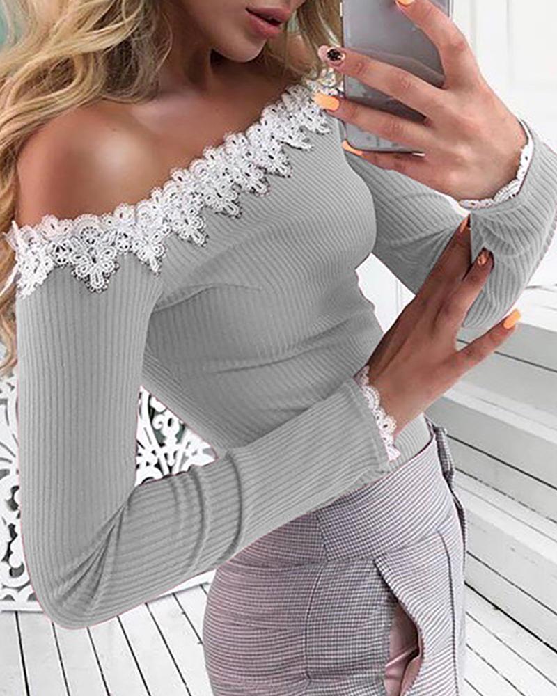 

Guipure Lace Ribbed Long Sleeve Top, Gray