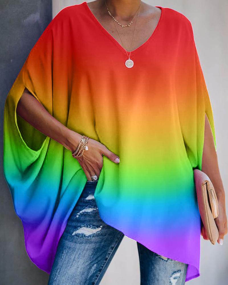 

Gradient Color Tie Dye Print Batwing Sleeve Casual Top, Purple