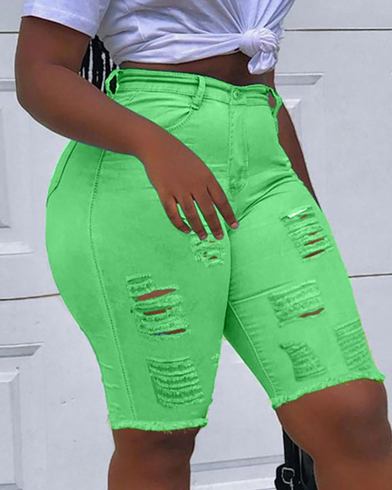 

Ripped Cutout Button Design Denim Shorts, Green