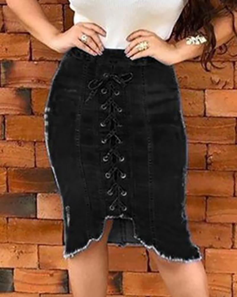 

Denim Eyelet Lace-up Zipper Irregular Skirt, Black