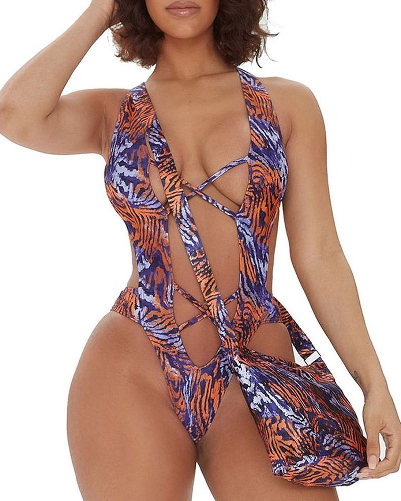

Animal Print Strappy One Piece Swimwear With Bag, Multicolor