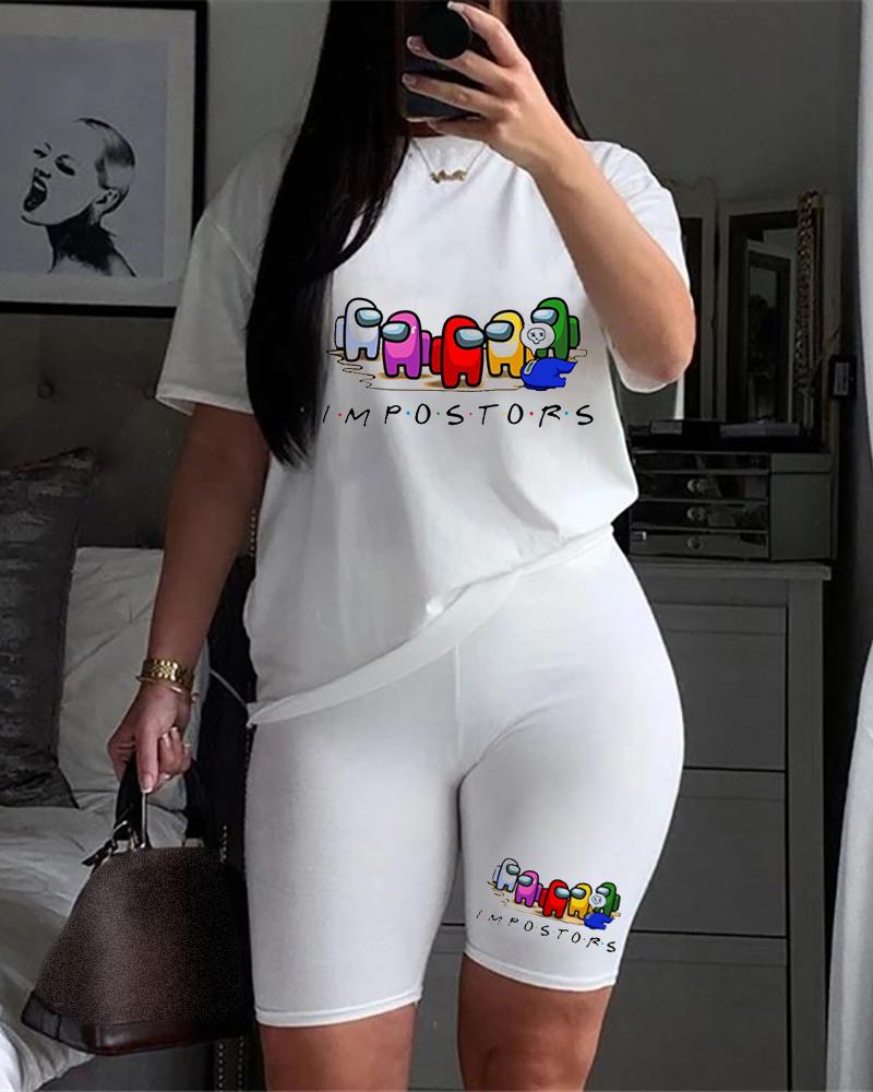 

Letter Graphic Print Short Sleeve Top & Shorts Set, Style1