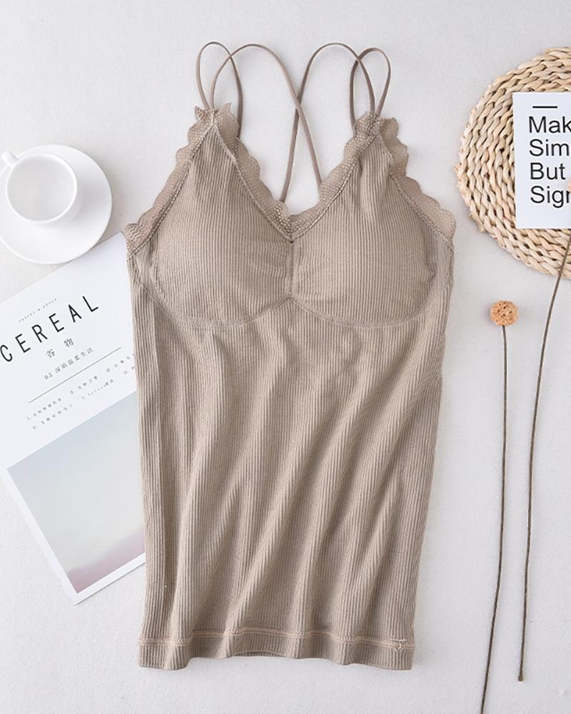 

Lined Underwear Tops Lace Trim Cami Tank Vest Undershirt, Khaki
