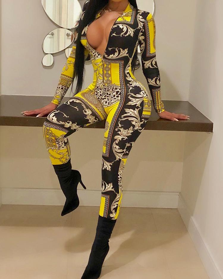 

Tribal Print Zipper Plunge Jumpsuit, Yellow