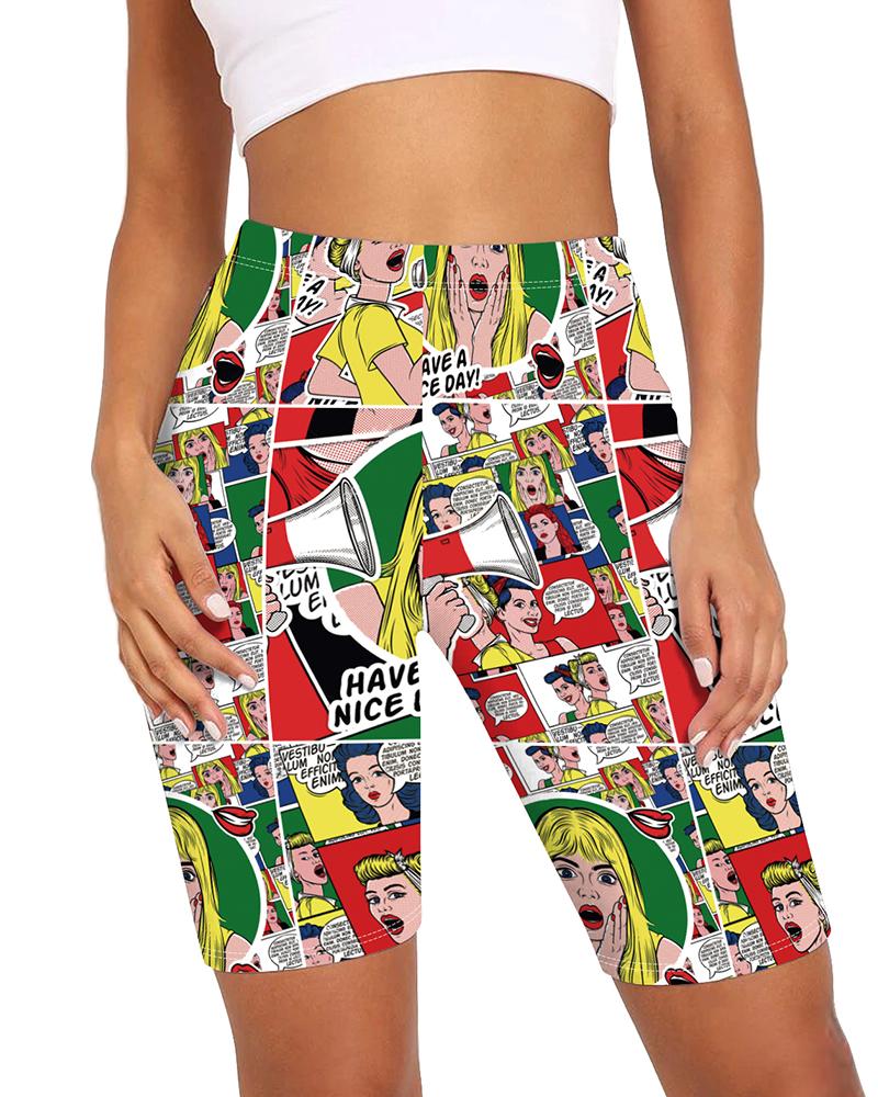 

Cartoon Letter Print High-Rise Biker Shorts, Multicolor