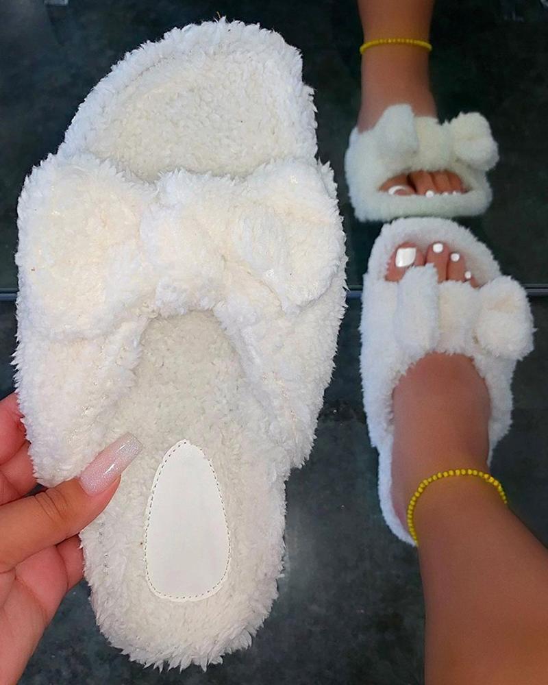 

Bowknot Design Fluffy Slippers, White