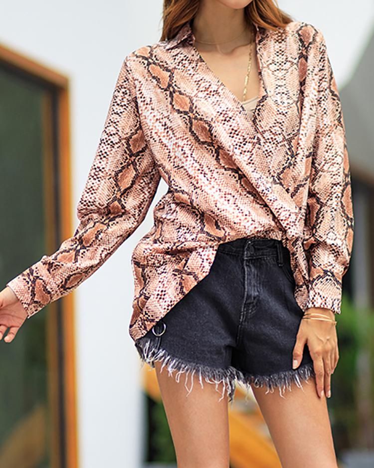 

Snake Print V-Neck Wrap Casual Shirt, Red