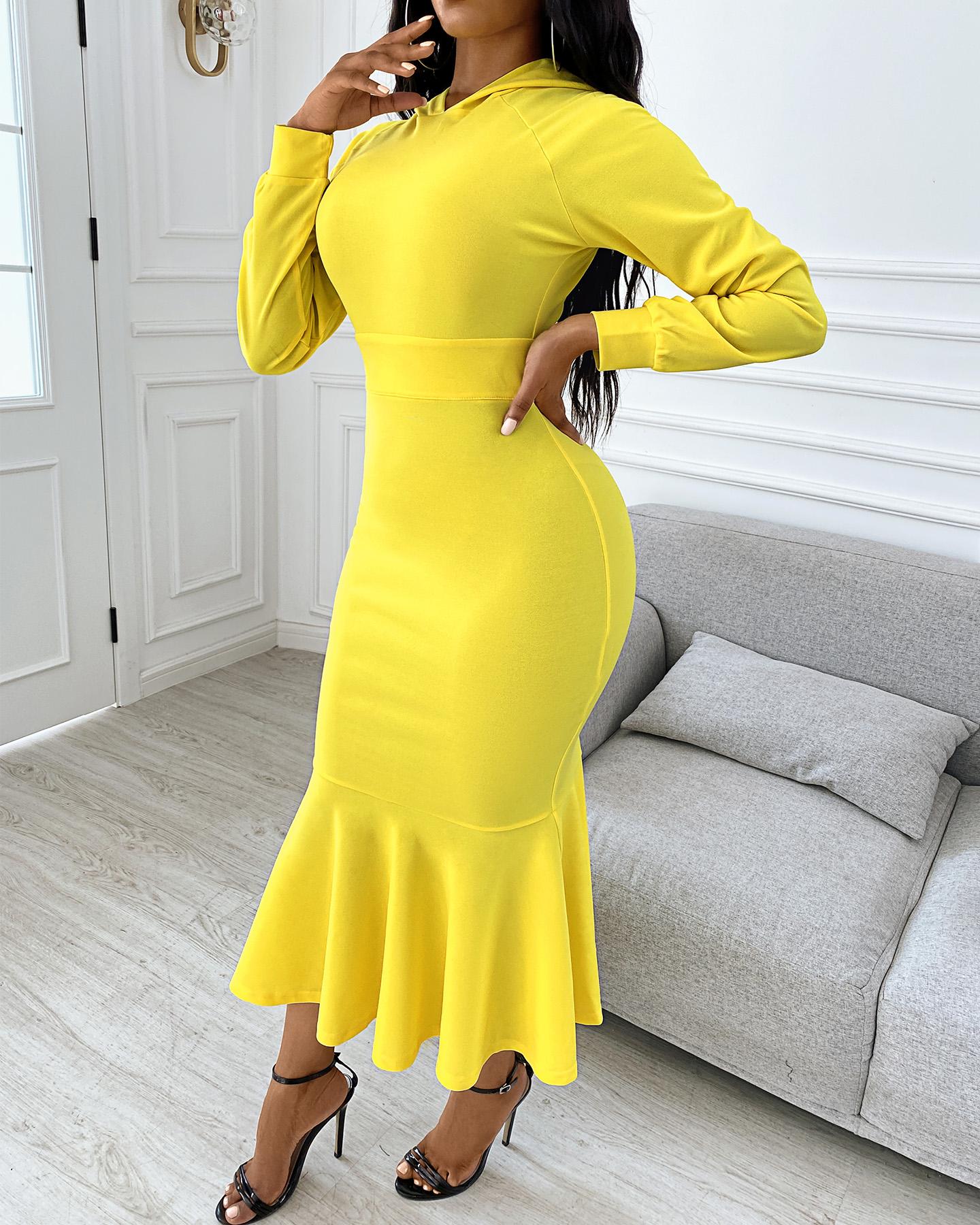 

Ruffles Long Sleeve Hooded Mermaid Dress, Yellow
