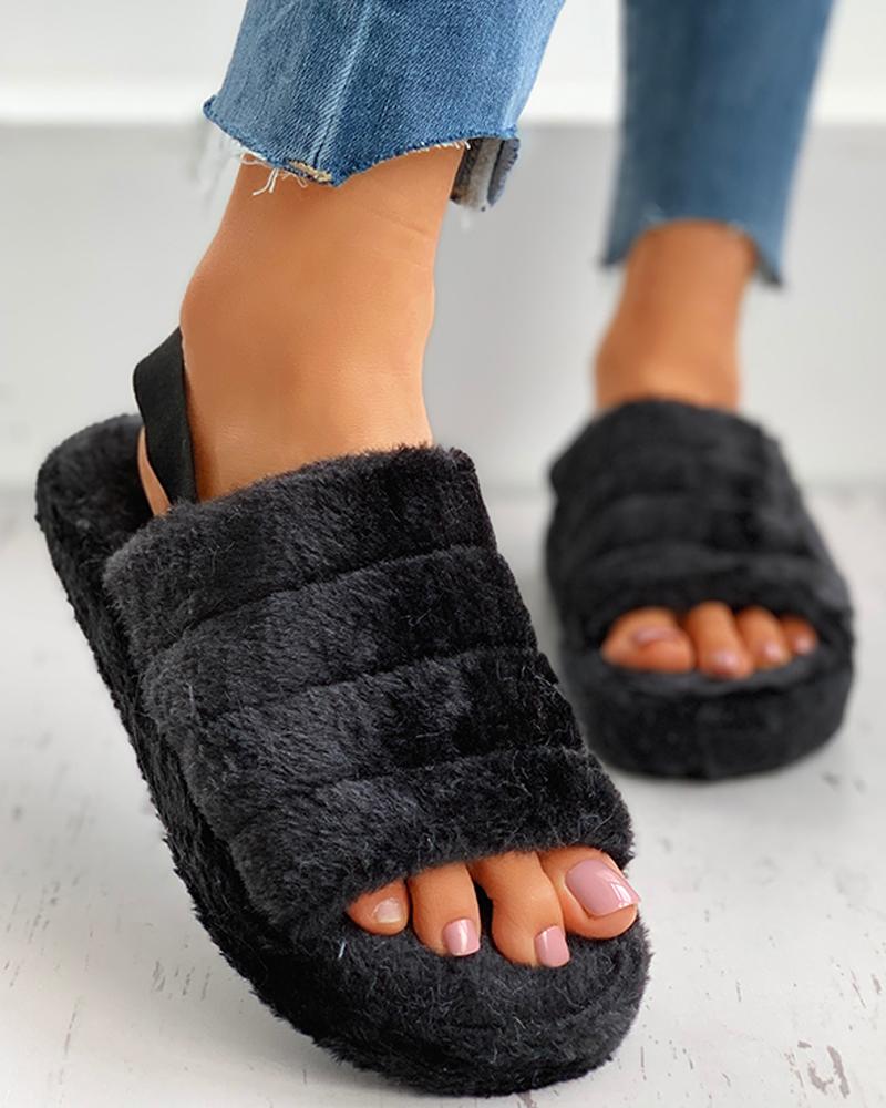 

Peep Toe Fluffy Flat Slipper, Black