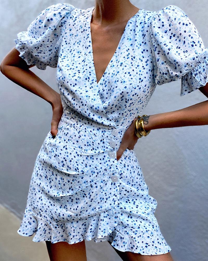 

Floral Print Ruffles Puff Sleeve Casual Dress, Light blue