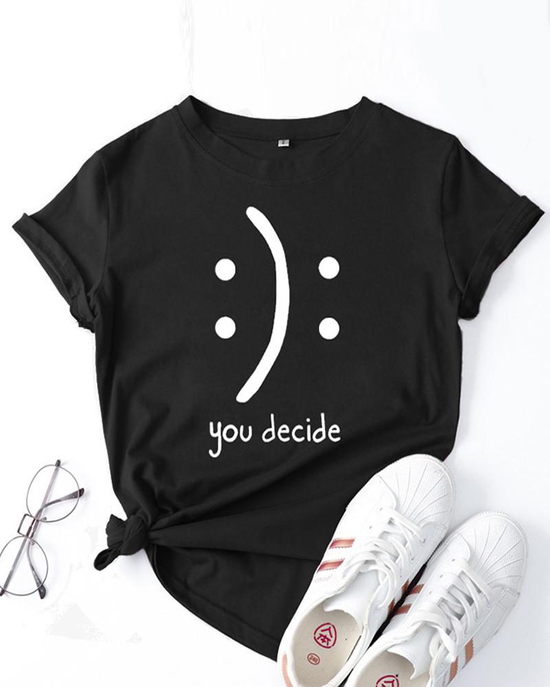 

Letter Smile Face Print Round Neck Short Sleeve T-Shirt, Black