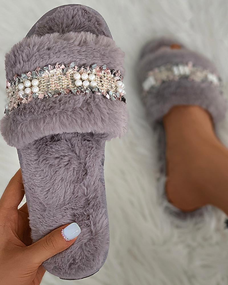 

Fringe Beaded Fluffy Slippers, Gray