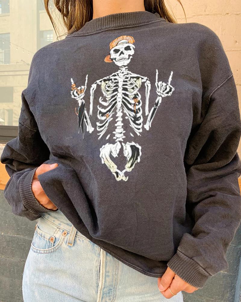 

Halloween Skeleton Print Casual Sweatshirt, Gray